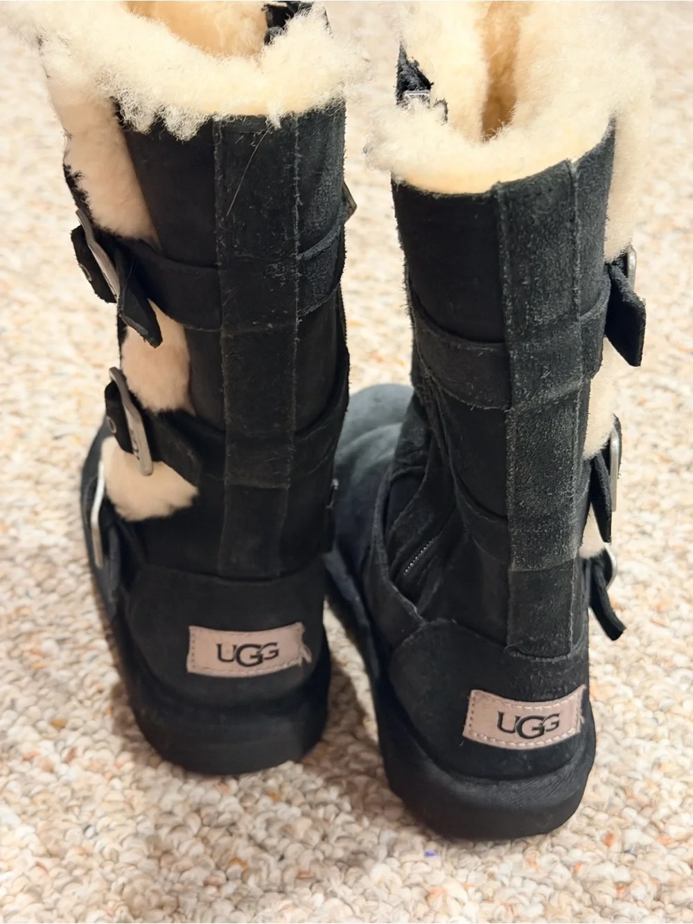 UGG Maddi Tall Black Suede Shearling Buckle Boots Kids Size 13